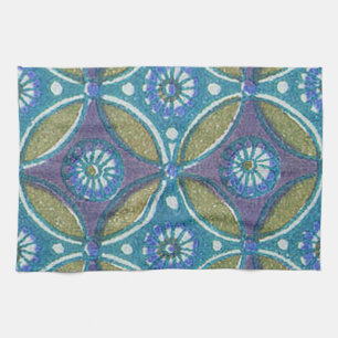 Blue Green Rustic Boho Geometric Circle Pattern Kitchen Towel