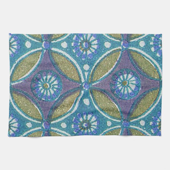Blue Green Rustic Boho Geometric Circle Pattern Kitchen Towel (Horizontal)