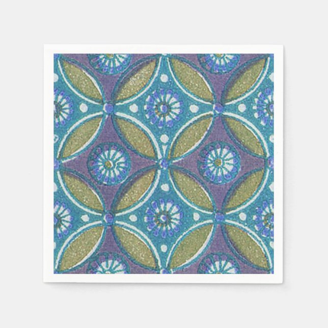 Blue Green Rustic Boho Geometric Circle Pattern Napkin (Front)