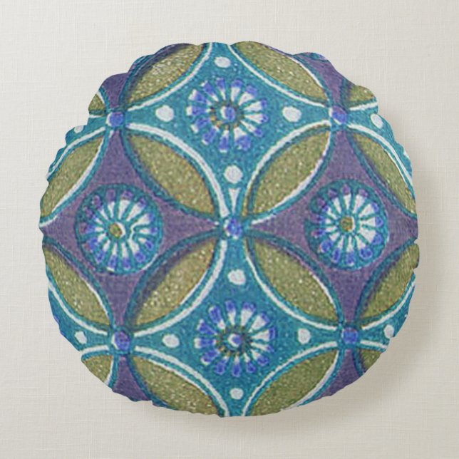 Blue Green Rustic Boho Geometric Circle Pattern Round Pillow (Front)