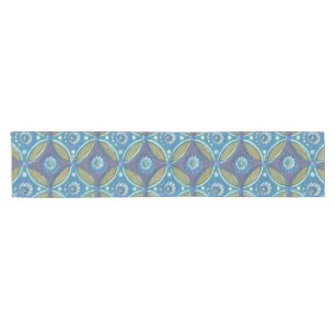 Blue Green Rustic Boho Geometric Circle Pattern Short Table Runner