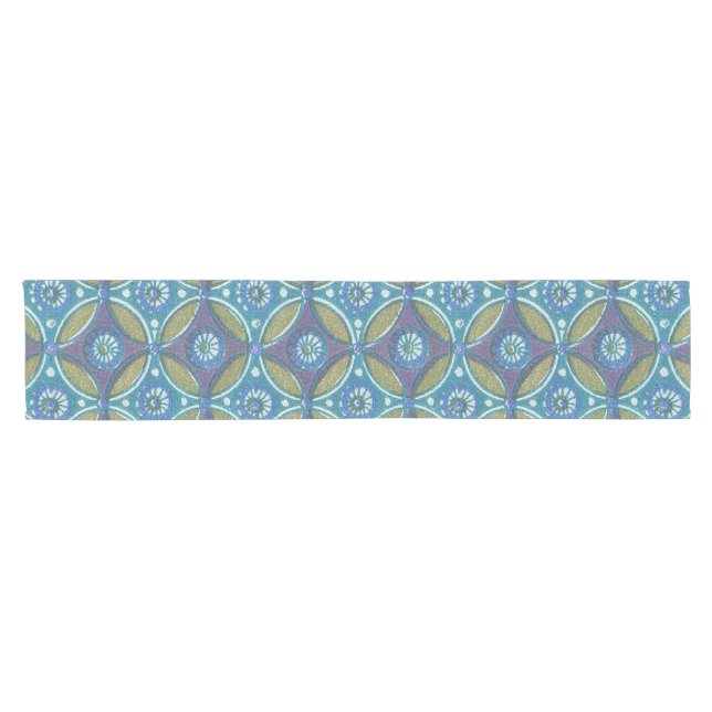 Blue Green Rustic Boho Geometric Circle Pattern Short Table Runner (Horizontal)