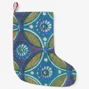 Blue Green Rustic Boho Geometric Circle Pattern Small Christmas Stocking