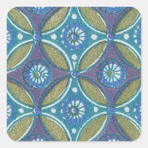 Blue Green Rustic Boho Geometric Circle Pattern Square Sticker
