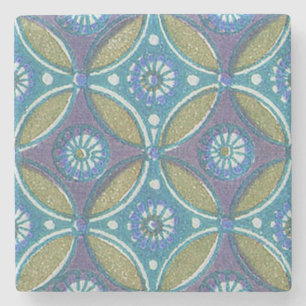 Blue Green Rustic Boho Geometric Circle Pattern Stone Coaster