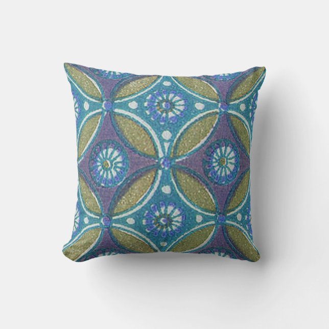 Blue Green Rustic Boho Geometric Circle Pattern Throw Pillow (Front)