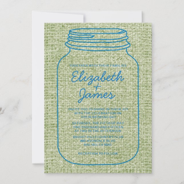 Blue & Green Rustic Mason Jar Wedding Invitations (Front)