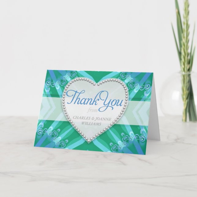 Blue Green Satin Heart Mariage Merci Cartes (Devant)