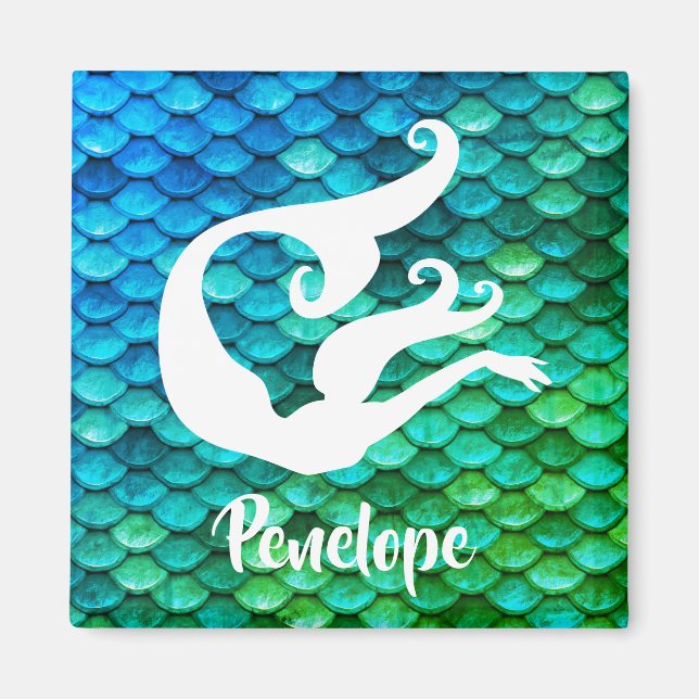 Blue & Green Scale Mermaid | Monogram Magnet (Front)