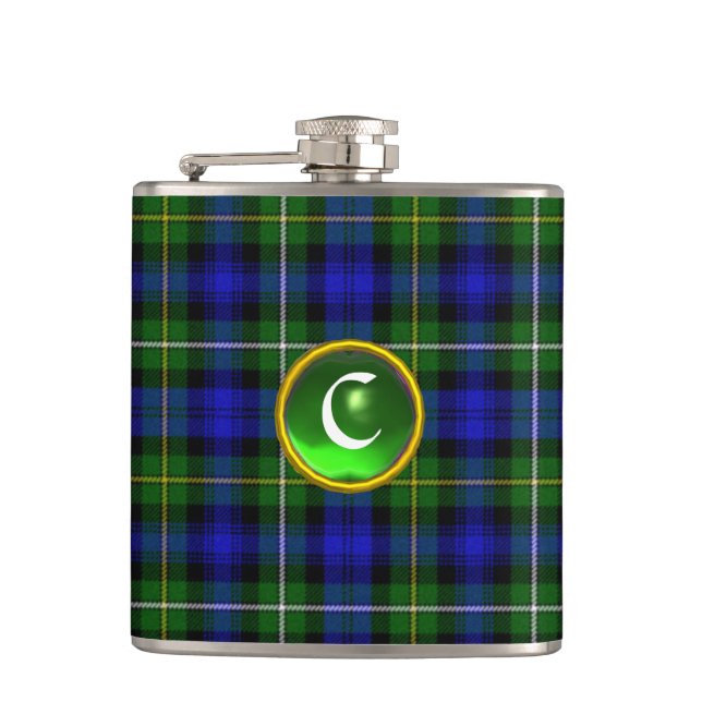 BLUE GREEN SCOTTISH TARTAN EMERALD GEM MONOGRAM HIP FLASK (Front)