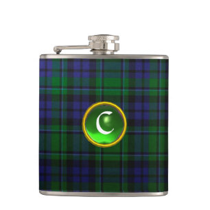 BLUE GREEN SCOTTISH TARTAN EMERALD GEM MONOGRAM HIP FLASK