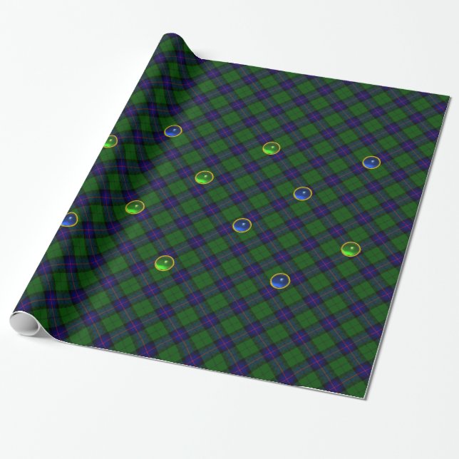 BLUE GREEN SCOTTISH TARTAN ,SAPPHIRE EMERALD GEMS WRAPPING PAPER (Unrolled)
