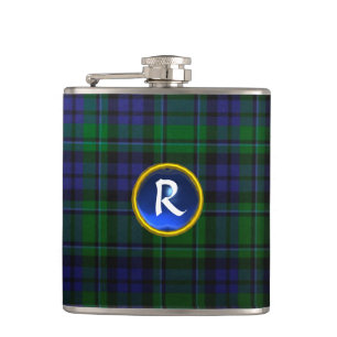 BLUE GREEN SCOTTISH TARTAN SAPPHIRE GEM MONOGRAM HIP FLASK