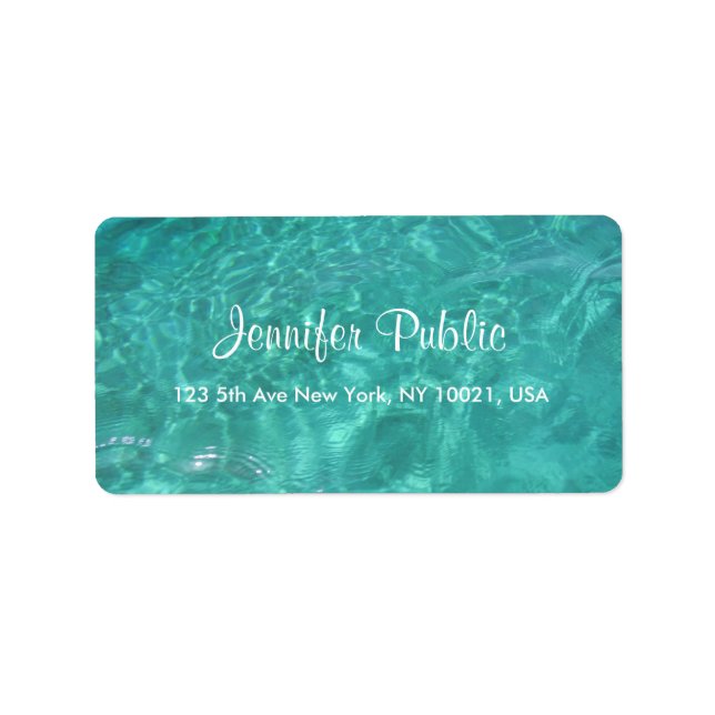 Blue Green Sea Aqua Handwritten Script Water Label (Front)