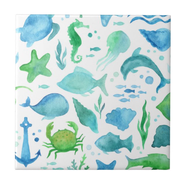 Blue green sea ocean fish dolphin white nautical tile (Front)