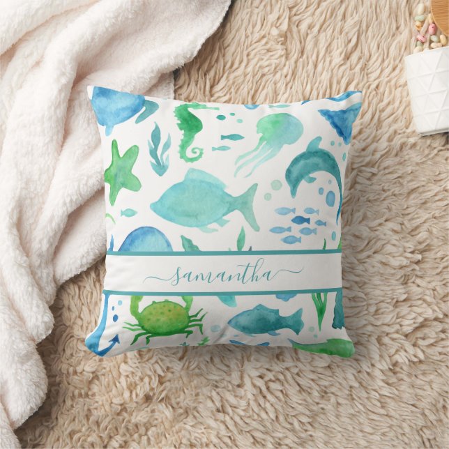 Blue green sea ocean fish dolphins elegant name throw pillow (Blanket)