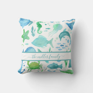 Blue green sea ocean fish dolphins nautical name outdoor pillow