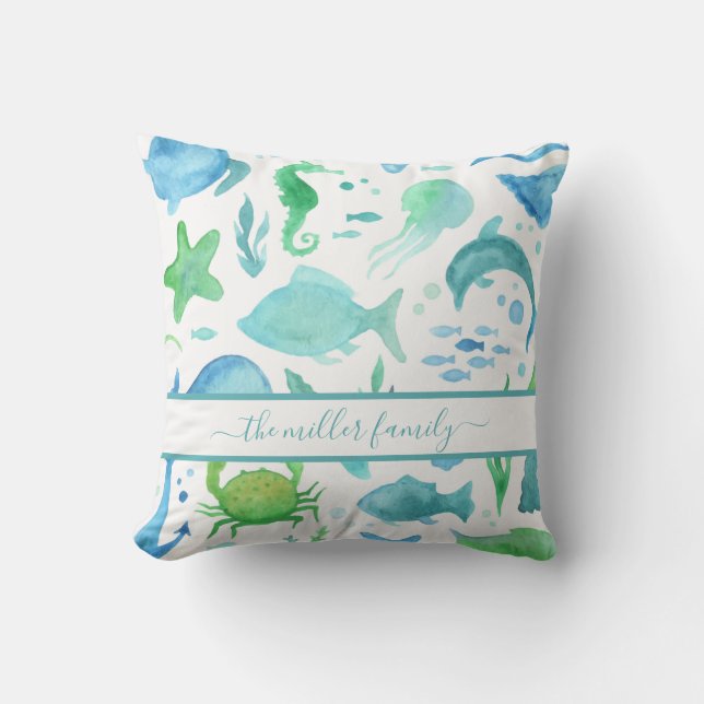 Blue green sea ocean fish dolphins nautical name outdoor pillow (Front)