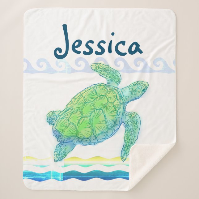 Blue & Green Sea Turtle Sherpa Blanket (Front)