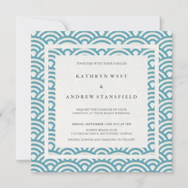 Blue Green Sea Waves Elegant Beach Wedding Invitation (Front)