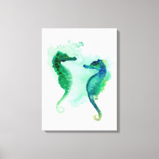 Blue green seahorses white canvas seahorse