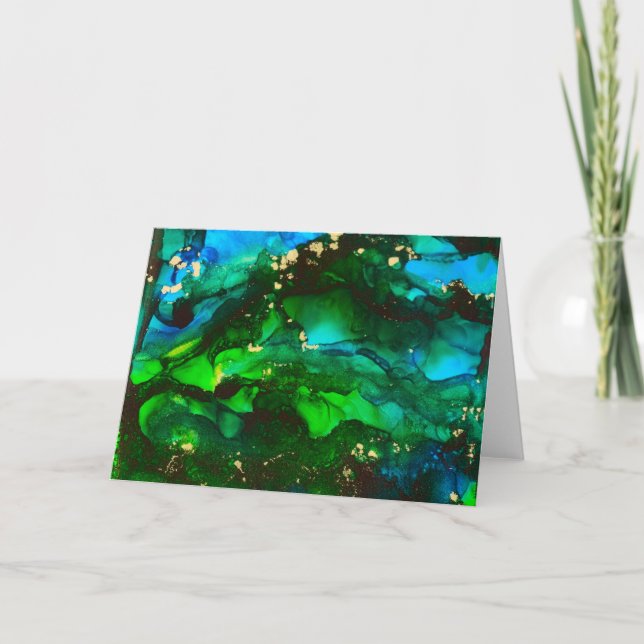 Blue Green Seascape Alcohol Ink Painting Card (Front)