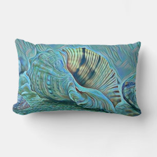 Blue green seashells on the beach painting  lumbar pillow