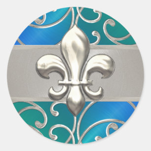 Blue Green Silver Filigree Swirls Fleur de Lis Classic Round Sticker