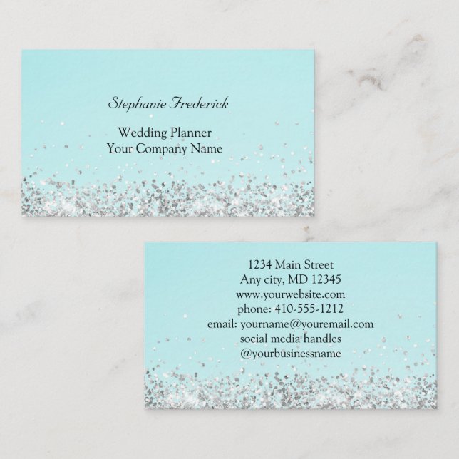 Blue Green Silver Glitter Feminine Small Business Card (Front/Back)
