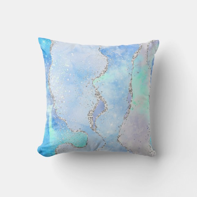 Blue Green Silver Glitter Marble Swirl Agate Throw Pillow (Front)