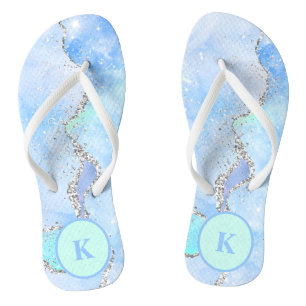 Blue Green Silver Glitter Marble Swirl Monogram Flip Flops