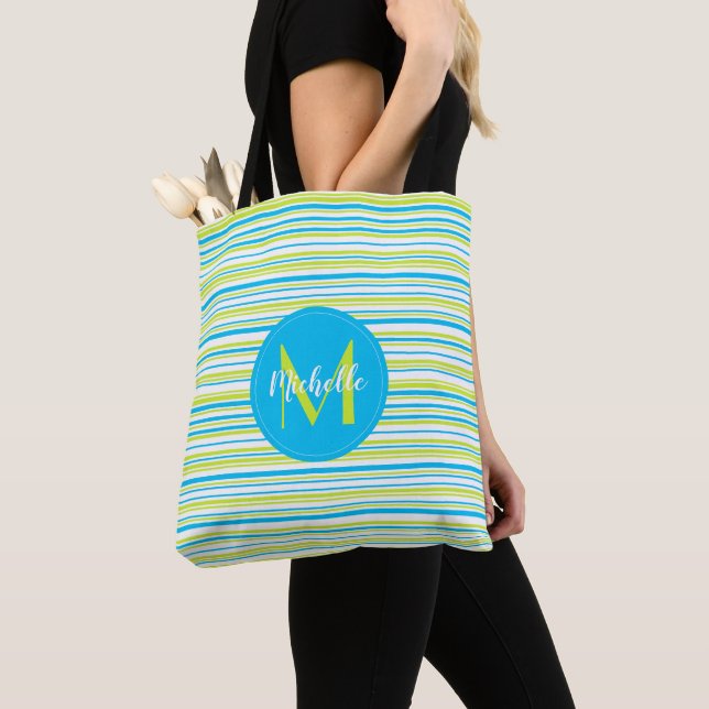 Blue Green Simple Elegant Stripes Name Monogram Tote Bag (Close Up)