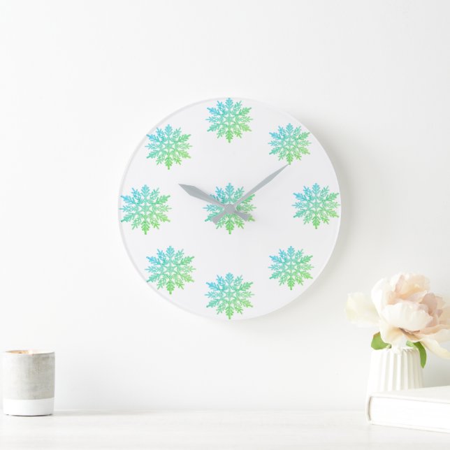 Blue Green Snowflake Round Clock (Home)