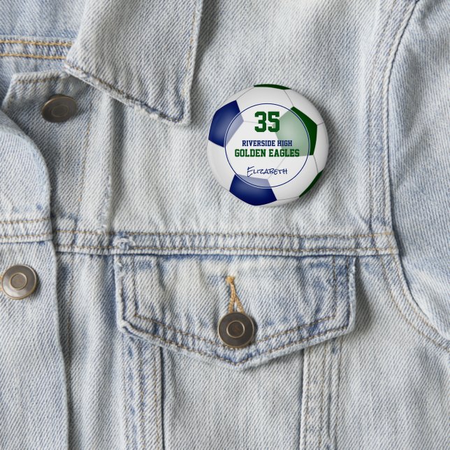 blue green soccer team colours athlete name 2 inch round button (In Situ)