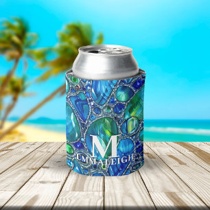 Blue Green Sparkling Glass Gems Monogrammed Can Cooler