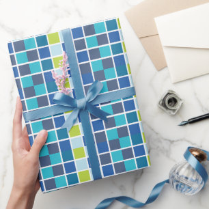 Blue Green Squares Chequered Birthday Wrapping Paper