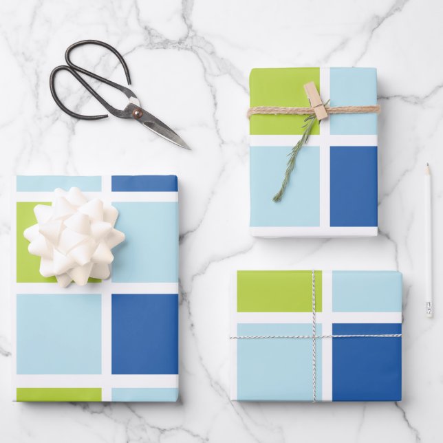 Blue Green Squares Chequered Birthday Wrapping Paper Sheet (Front)