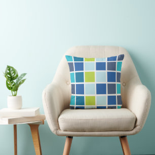 Blue Green Squares Chequered  Throw Pillow