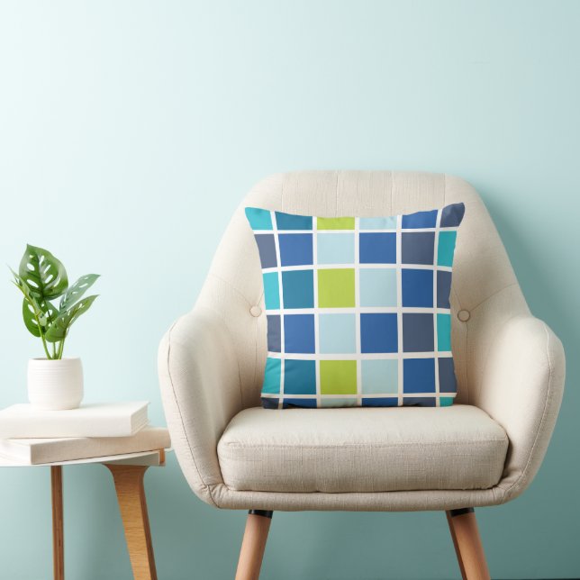 Blue Green Squares Chequered  Throw Pillow (Chair)