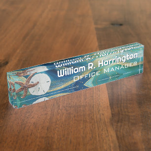 Blue Green Starfish Sand Dollar Nameplate