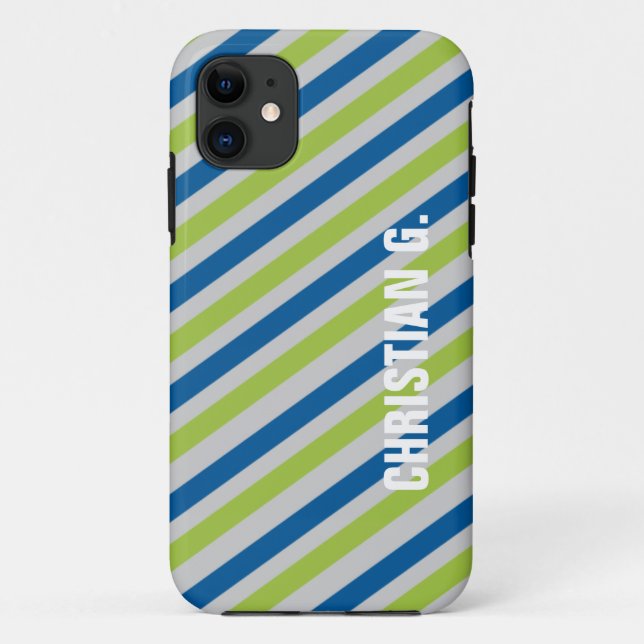 Blue green stripe pattern custom name personal Case-Mate iPhone case (Back)