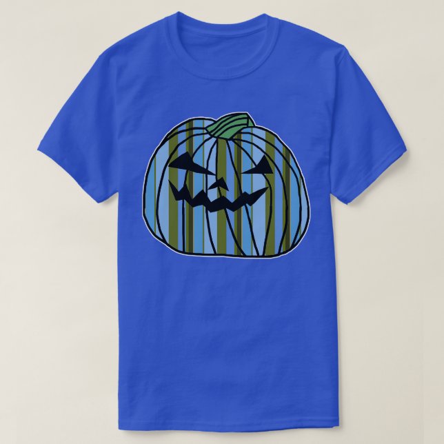Blue Green Stripes Halloween Horror Pumpkin T-Shirt (Design Front)