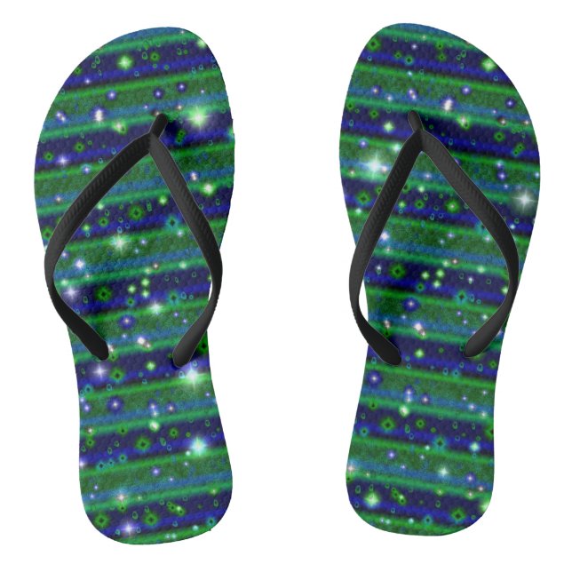 Blue Green Stripes with Stars and Raindrops Flip Flops (Footbed)