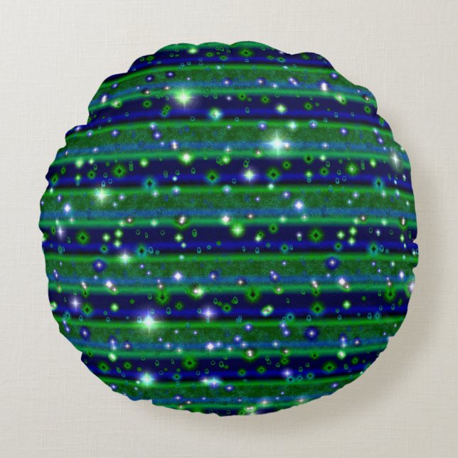 Blue Green Stripes with Stars and Raindrops Round Pillow (Front)