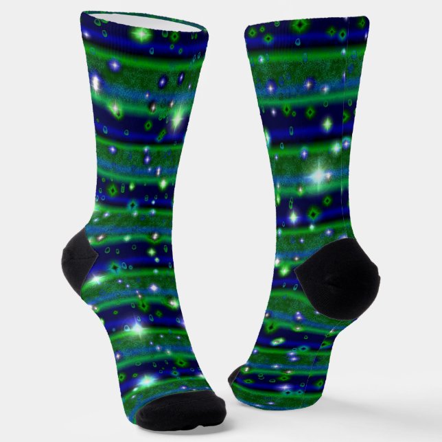 Blue Green Stripes with Stars and Raindrops Socks (Angled)