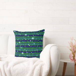 Blue Green Stripes with Stars and Raindrops Throw Pillow