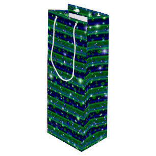 Blue Green Stripes with Stars and Raindrops Wine Gift Bag