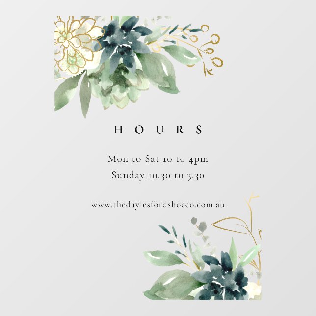 Blue Green Succulent Fauna Opening Hours Window Cling (Sheet)
