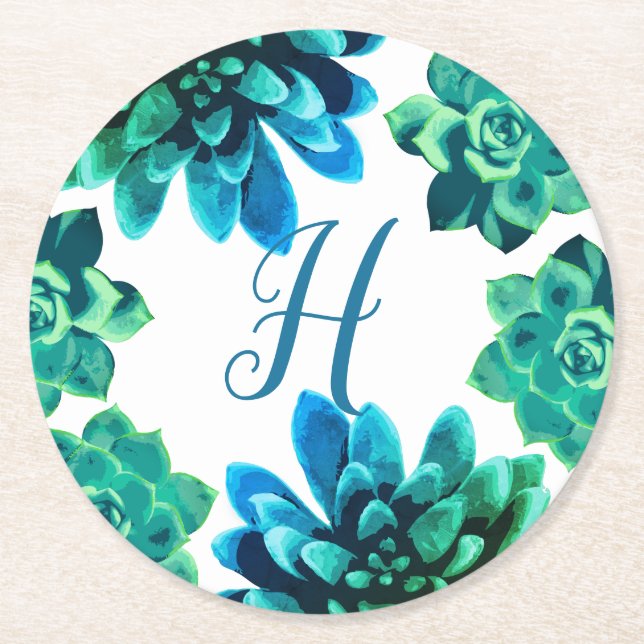 Blue Green Succulents | Monogram Round Paper Coaster (Front)