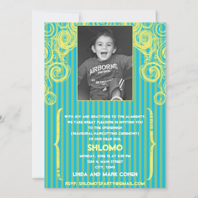 Blue green swirls Upshernish Invitation (Front)